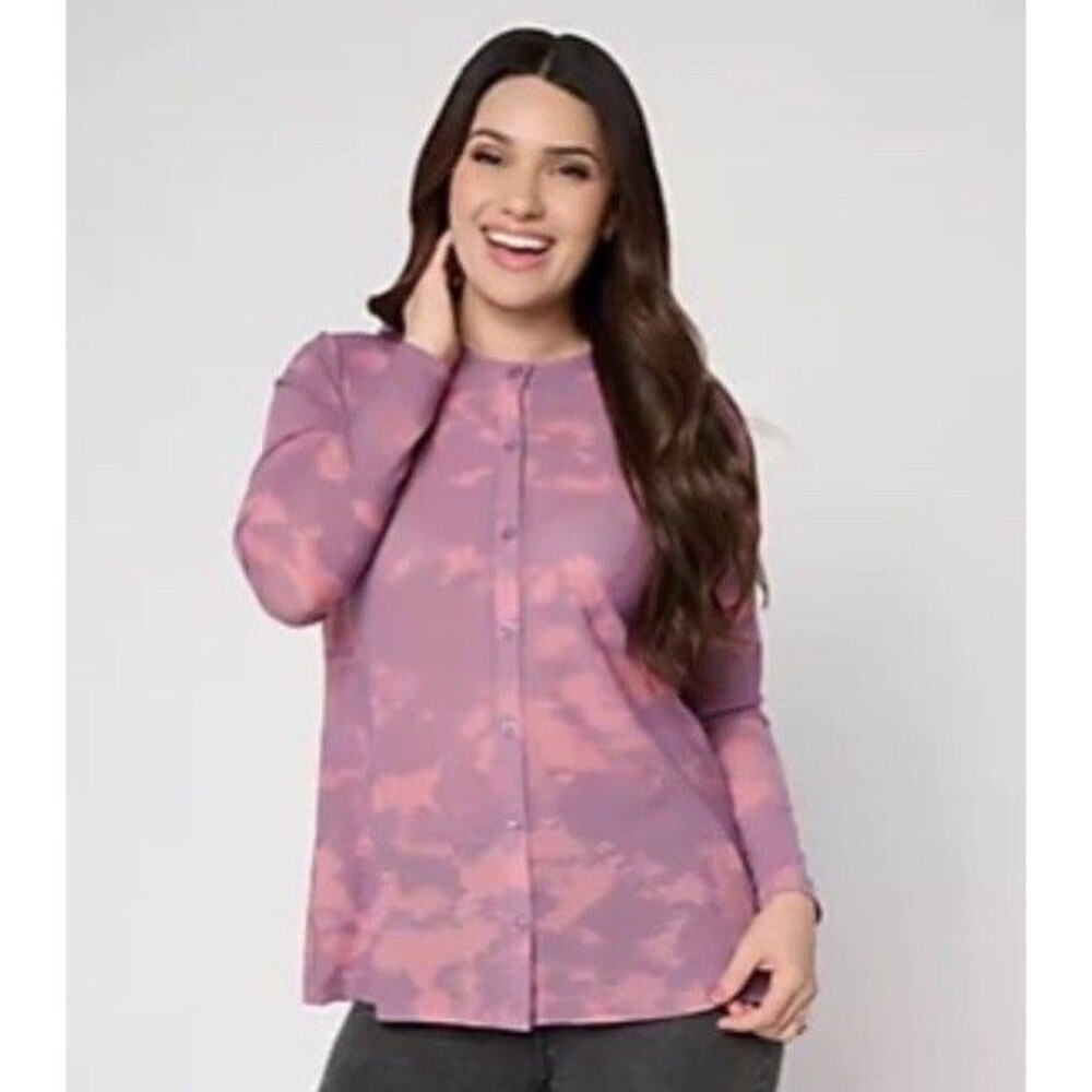 LOGO Layers Lori Goldstein Artsy Abstract Print Mesh Cardigan Purple Pink SZ M
